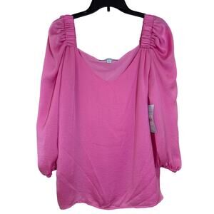 Blue Sol Large Pink Satin V-neck Pleated Gathered Shoulders Long Sleeve Blouse